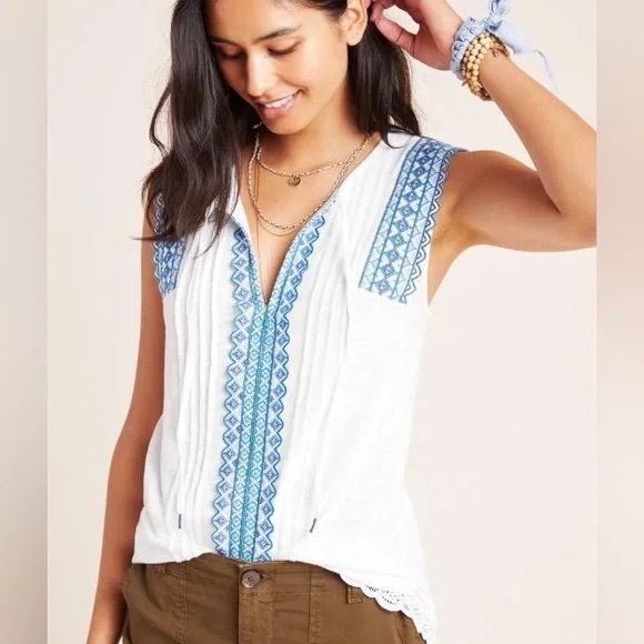 Anthropologie Sigrid White Blue Embroidered Top Keyhole Tie Front Small - Picture 1 of 7